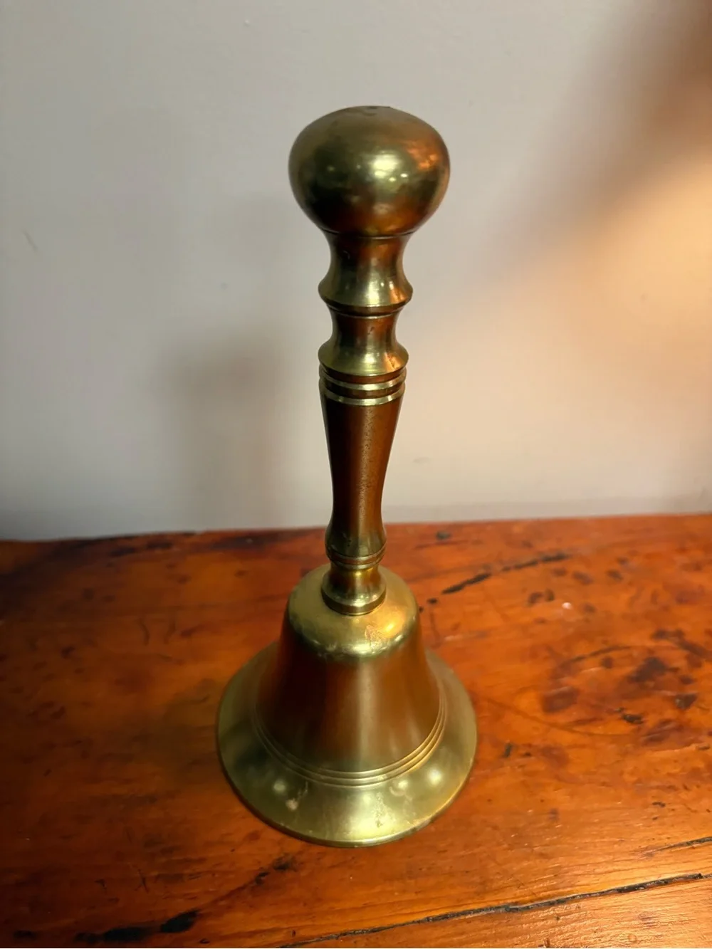 Vintage Brass Hand Bell - Polished Gold Tone 8” Rustic Charm Collectible